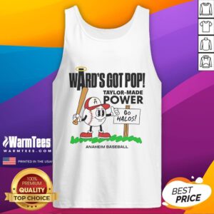 Taylor Ward of the Los Angeles Angels wearing a 'Wards Got Pop' tank top during a summer baseball game.