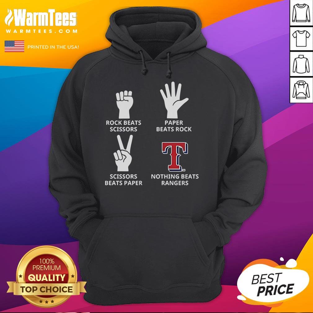 Good Texas Rangers hoodie featuring 'Nothing Beats Rangers' design with rock, paper, scissors theme.