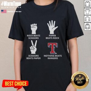 Good Texas Rangers tee featuring 'Nothing Beats Rangers' design with hands, rock, paper, and scissors graphics.