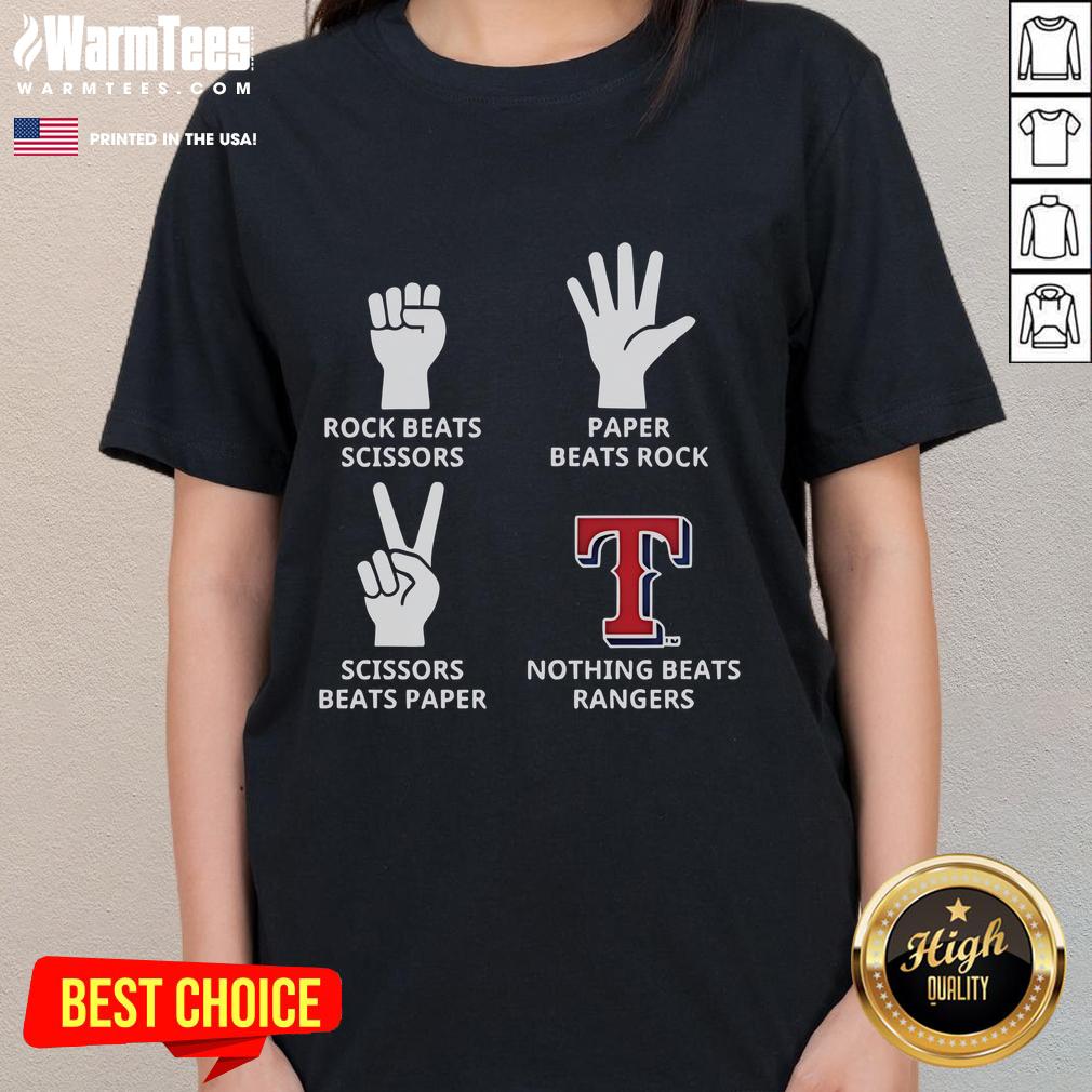 Good Texas Rangers tee featuring 'Nothing Beats Rangers' design with hands, rock, paper, and scissors graphics.