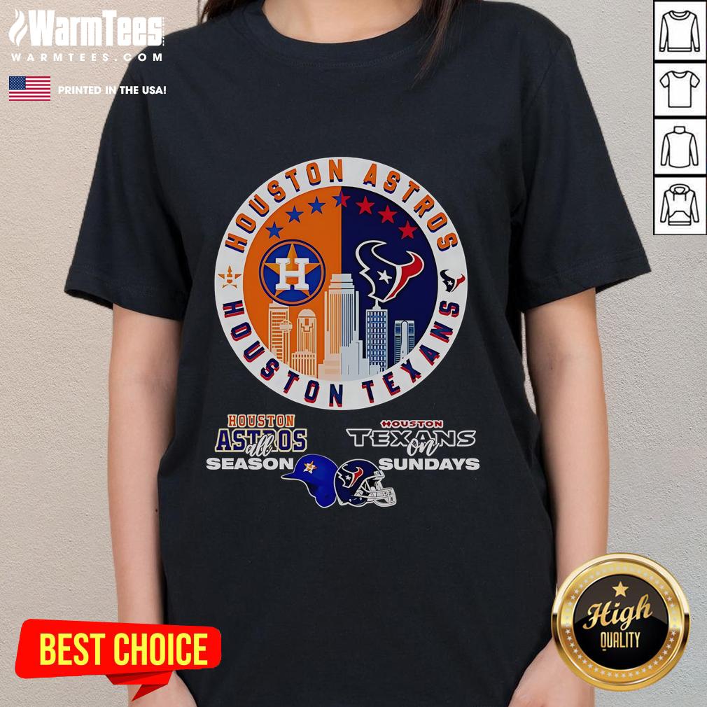 Happy Houston Astros All Season Texans on Sundays ladies tee featuring vibrant team colors and a stylish design.