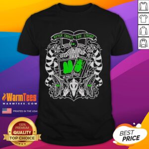Beetlejuice Never Trust The Living T-Shirt featuring a spooky design inspired by the classic film, perfect for fans.