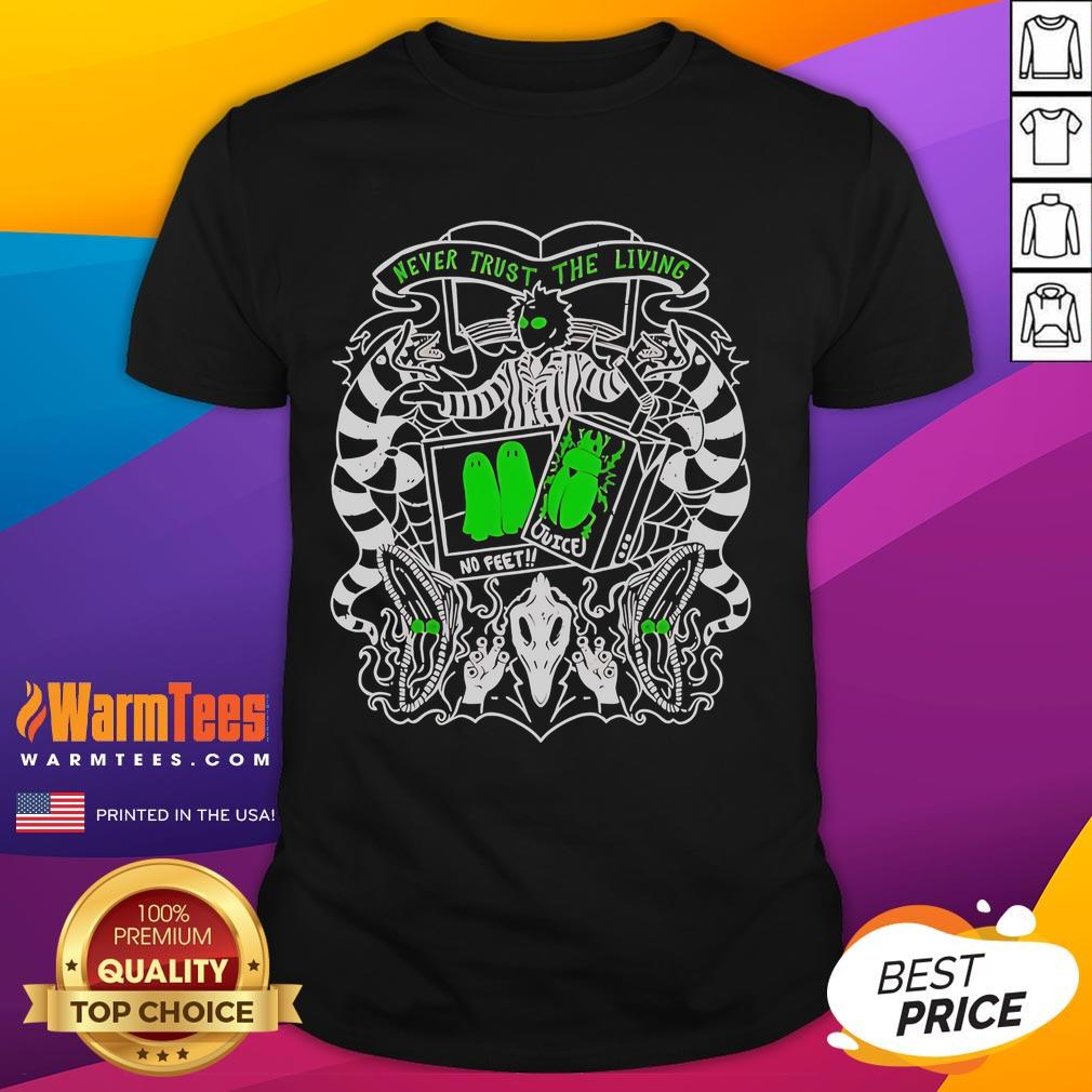 Beetlejuice Never Trust The Living T-Shirt featuring a spooky design inspired by the classic film, perfect for fans.