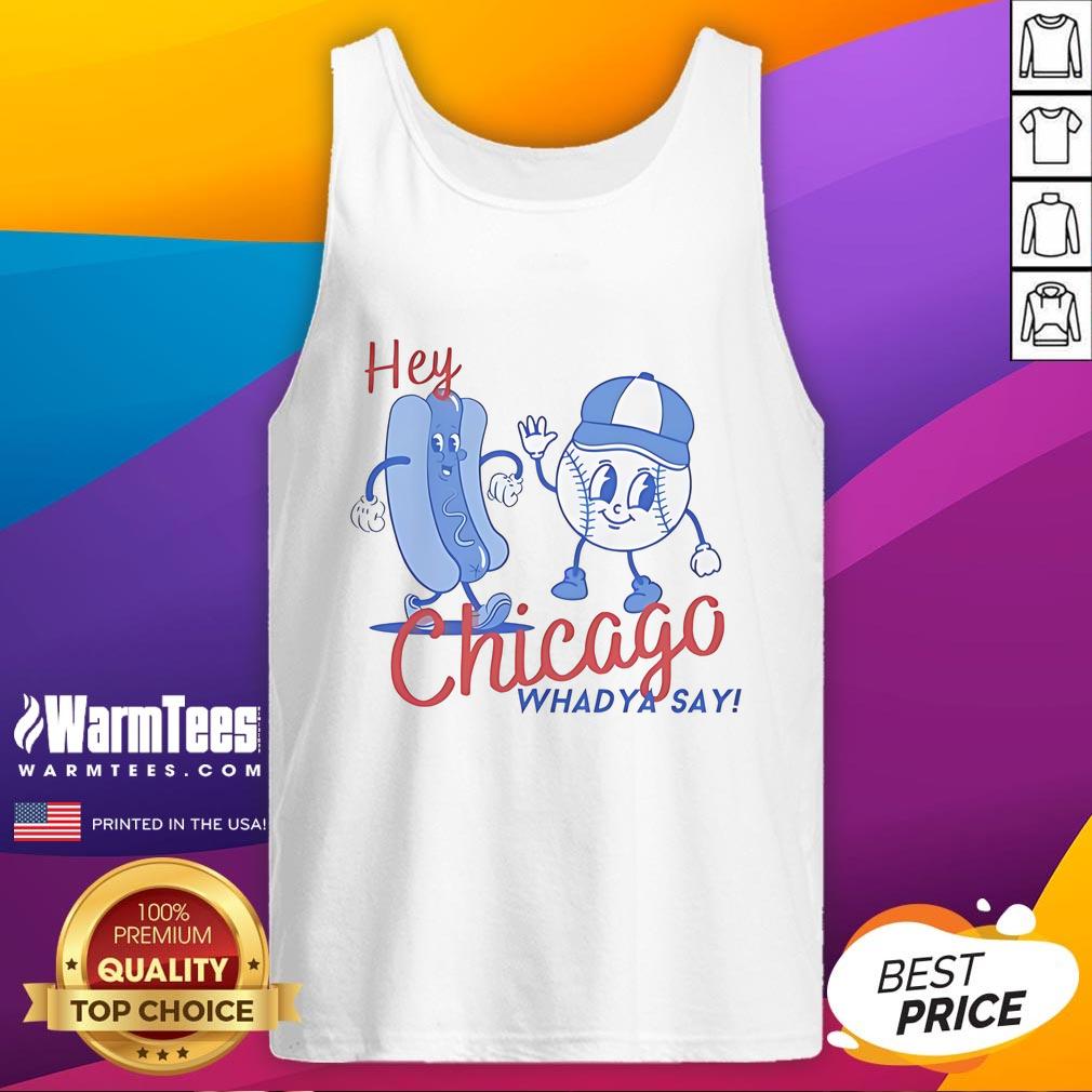 Chicago Cubs baseball cartoon tank top design featuring 'Hey Chicago, Whadya Say' text in vibrant colors.