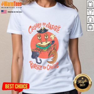 Alt Text: Crimson crust sandwich crab ladies tee with a fun pirate-themed design perfect for nature lovers and beach enthusiasts.