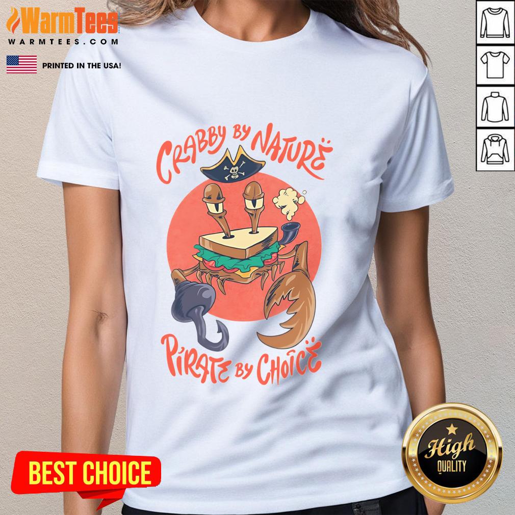 Alt Text: Crimson crust sandwich crab ladies tee with a fun pirate-themed design perfect for nature lovers and beach enthusiasts.