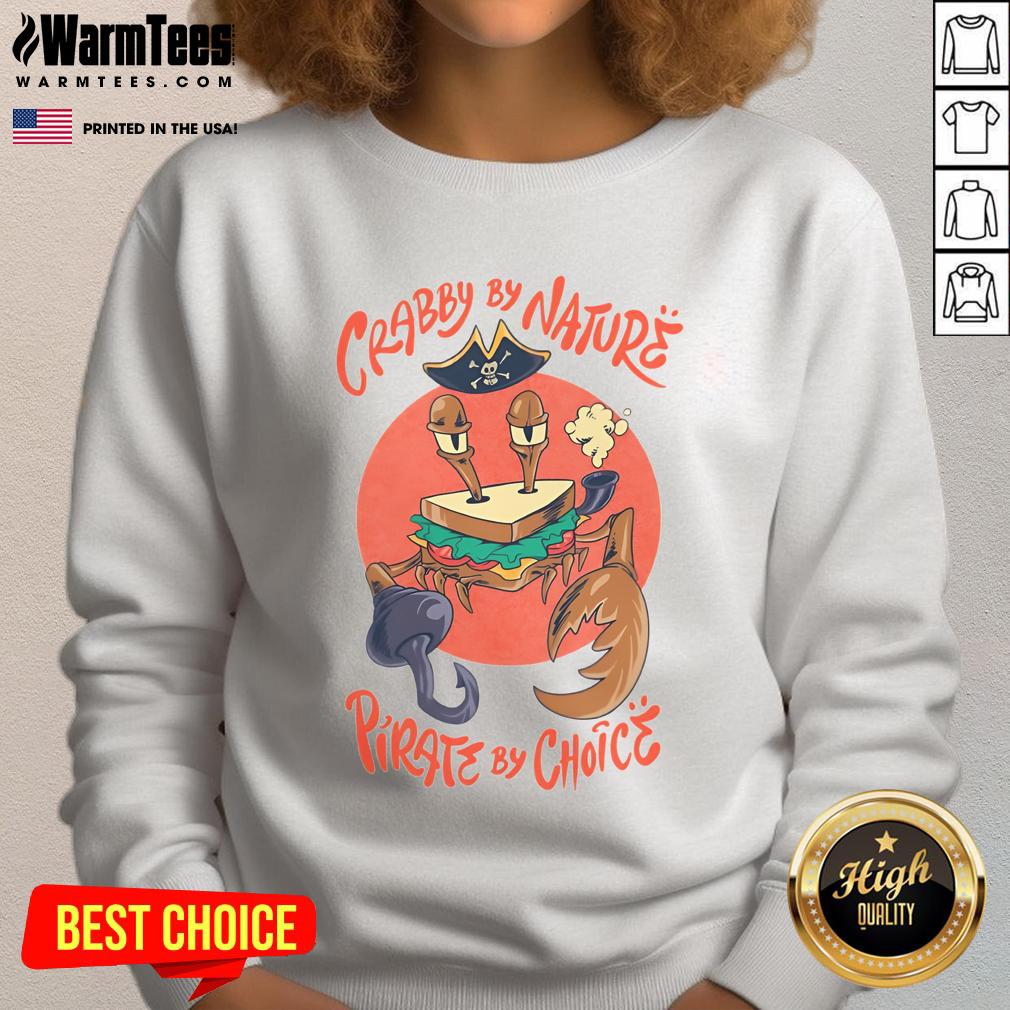 Alt Text: Crimson crust sweatshirt featuring a fun crab design with the phrase Nice Crabby By Nature, Pirate By Choice.