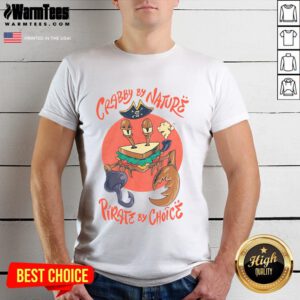 Nice Crabby By Nature Pirate By Choice T-shirt featuring a fun crimson crust sandwich crab design, perfect for beach lovers.