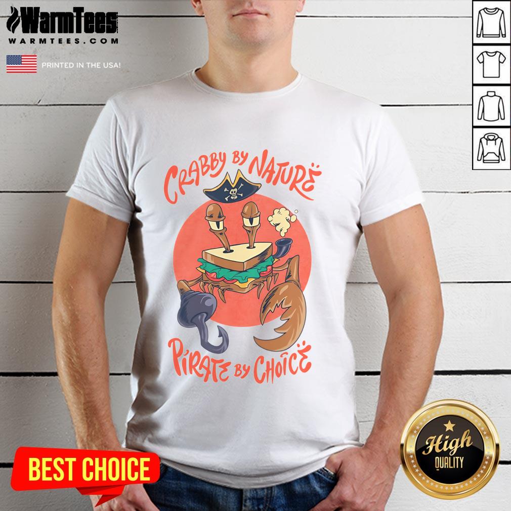 Nice Crabby By Nature Pirate By Choice T-shirt featuring a fun crimson crust sandwich crab design, perfect for beach lovers.