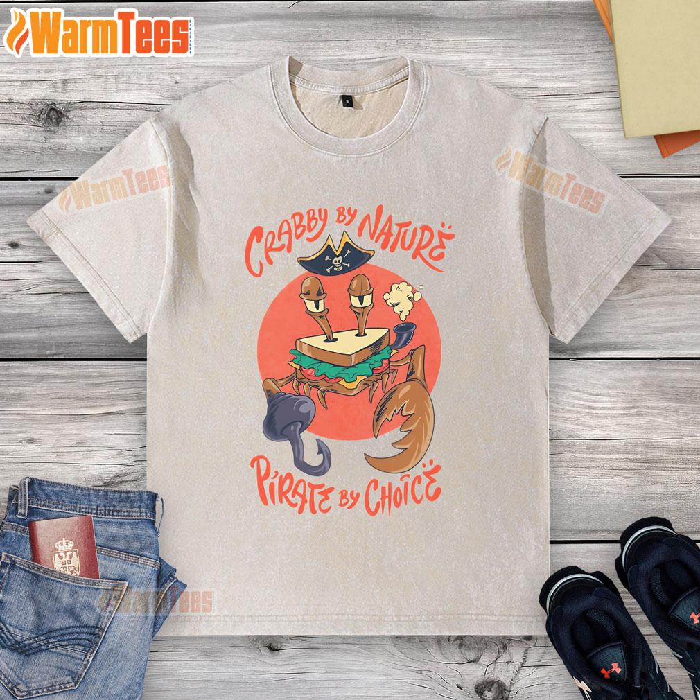 Alt Text: Crimson crust sandwich crab washed t-shirt featuring a playful crab design, perfect for nature and pirate lovers.