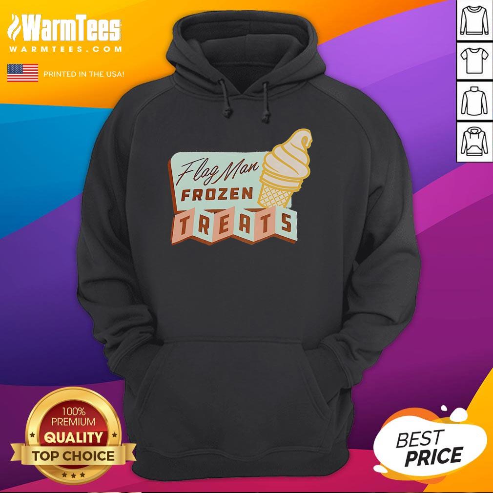Man wearing a Nice Flag hoodie while enjoying frozen treats at a vibrant outdoor setting.