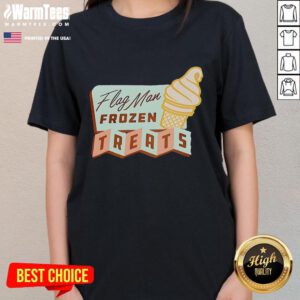 Nice Flag Man Frozen Treats Ladies Tee featuring a colorful graphic of ice cream and a vibrant flag design.