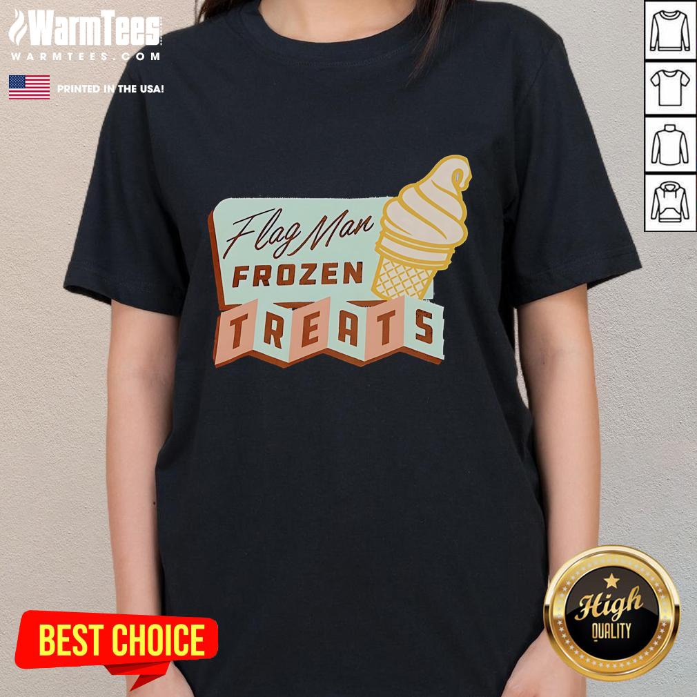 Nice Flag Man Frozen Treats Ladies Tee featuring a colorful graphic of ice cream and a vibrant flag design.