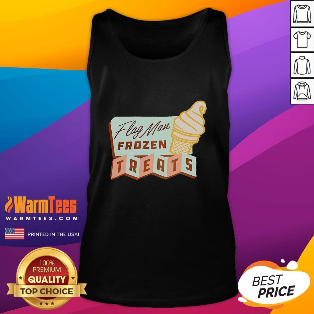 Man wearing a Nice Flag graphic tank top while enjoying frozen treats on a sunny day.