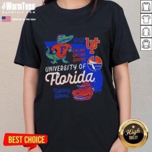 University of Florida ladies tee featuring 'Gator Chomp' design, perfect for fans supporting their team in style.