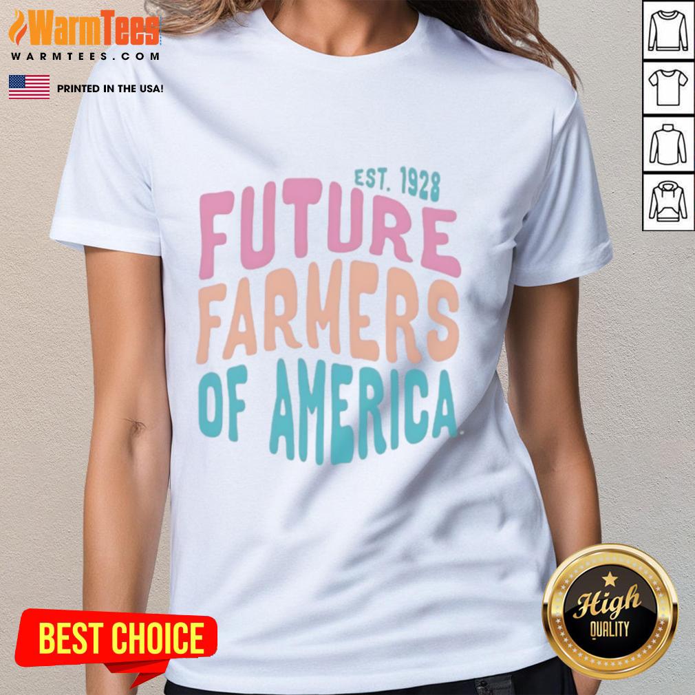 Ladies tee featuring 'Future Farmers of America Est 1928' design, perfect for FFA supporters and agricultural enthusiasts.