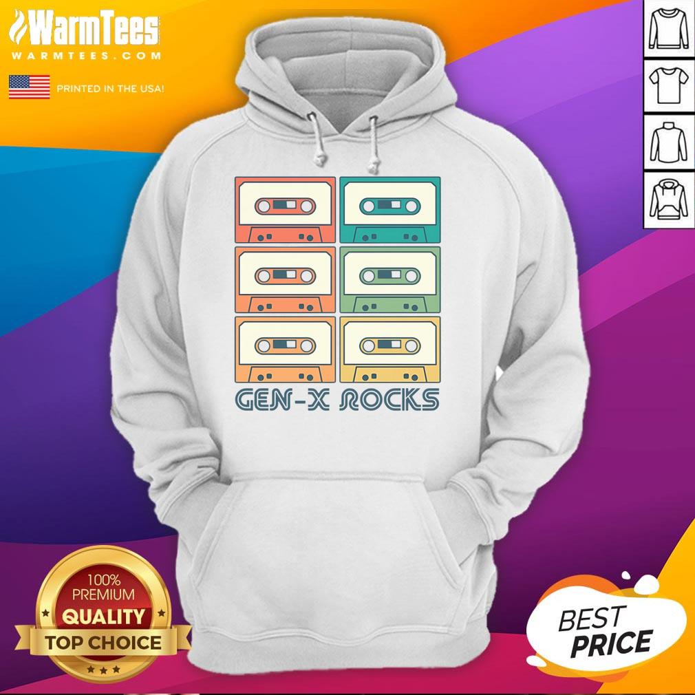 Nice Gen X Rocks retro cassette tape hoodie featuring vibrant graphics and a stylish design for nostalgic fashion lovers.