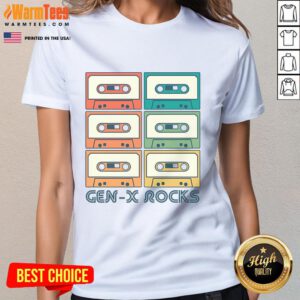 Nice Gen X Rocks retro cassette tape ladies tee showcasing a vintage design perfect for music lovers.