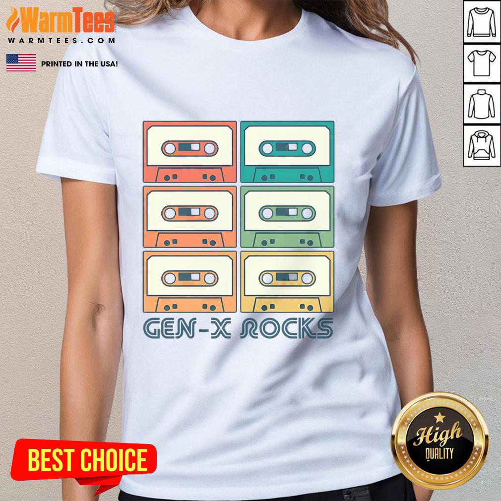 Nice Gen X Rocks retro cassette tape ladies tee showcasing a vintage design perfect for music lovers.