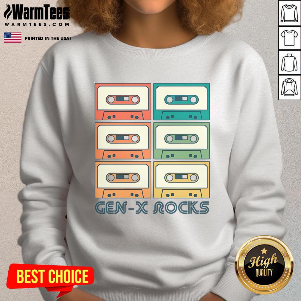 Nice Gen X Rocks retro cassette tape sweatshirt featuring vibrant graphic design and cozy fit for nostalgic vibes.
