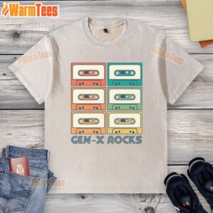 Nice Gen X Rocks Retro Cassette Tape Washed T-Shirt featuring vibrant cassette design on a stylish, comfortable tee.