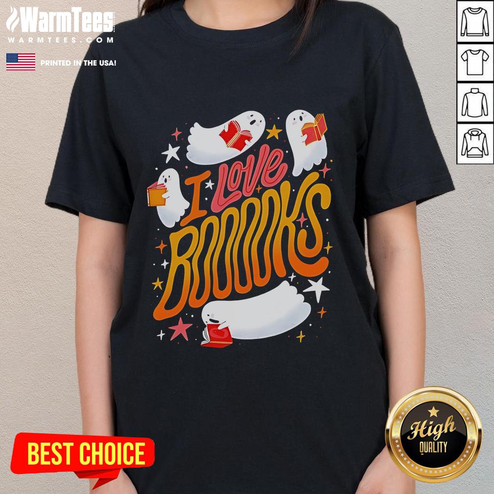 Halloween season ladies tee featuring 'Nice I Love Booooks' design, perfect for book lovers and spooky festivities.