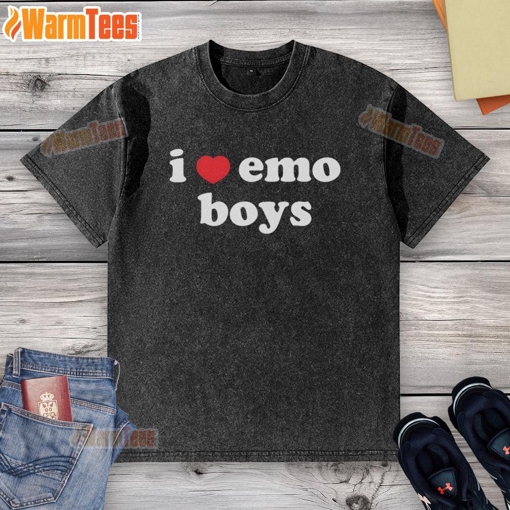 Nice I Love Emo Boys washed t-shirt featuring a trendy design, perfect for casual wear and emo fashion enthusiasts.