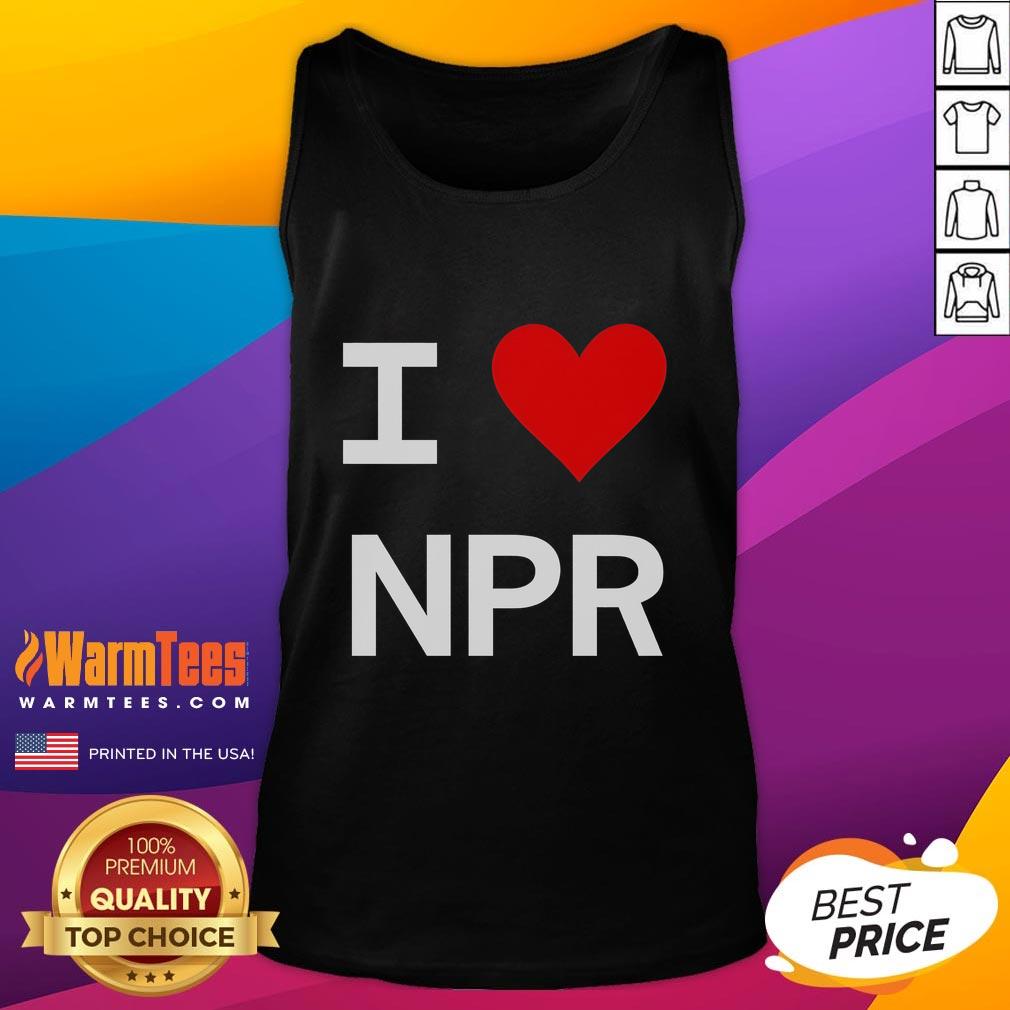 Woman wearing a 'Nice I Love NPR' tank top, showcasing her love for public radio in a casual summer setting.