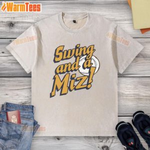 Jacob Misiorowski of the Milwaukee Brewers swings while wearing a Miz washed t-shirt during a game.