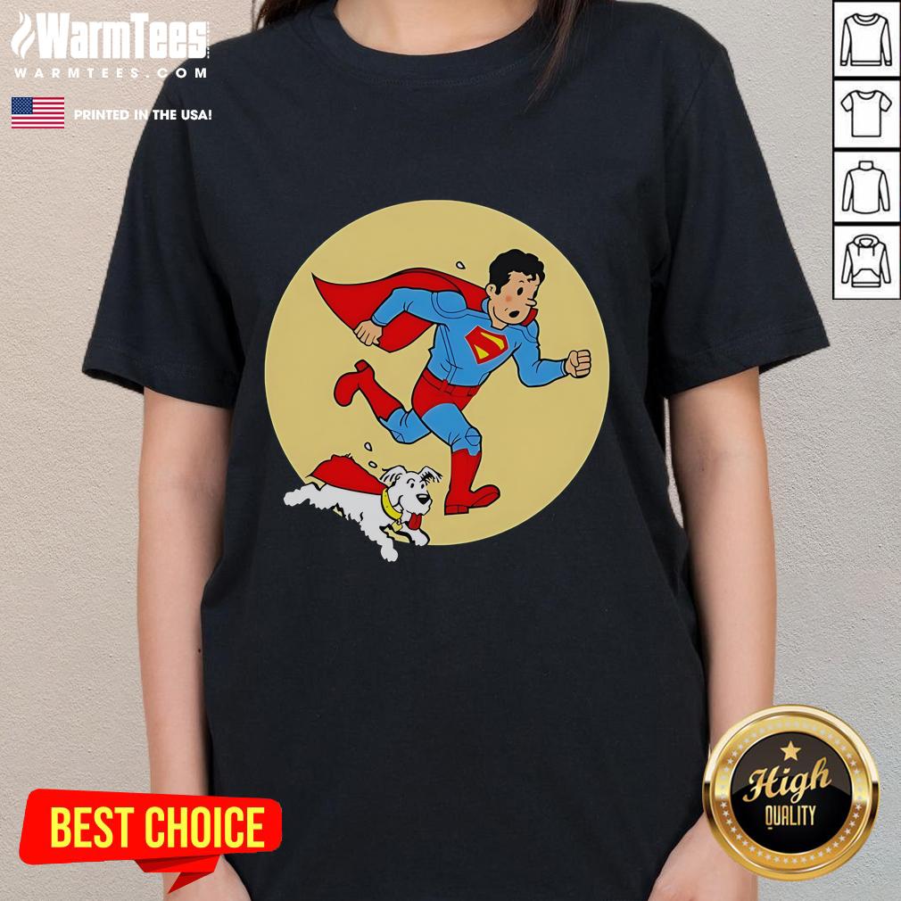Alt Text: Nice Kal-El and Krypto tee inspired by Tintin, perfect for fans of superhero adventures and stylish casual wear.