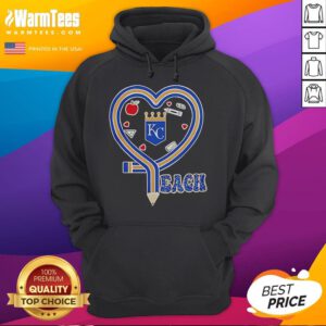 Cozy hoodie featuring a heart and pencil design, perfect for Kansas City Royals fans and passionate teachers.