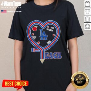 Womens tee featuring Los Angeles Dodgers baseball love design with heart and pencil graphics, perfect for fans.