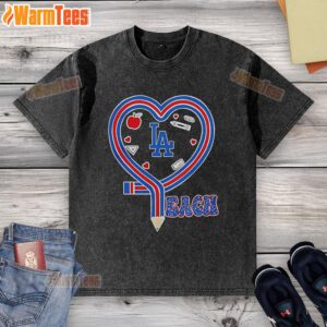 Nice Los Angeles Dodgers baseball love teaching heart pencil washed t-shirt for fans and casual wear enthusiasts.