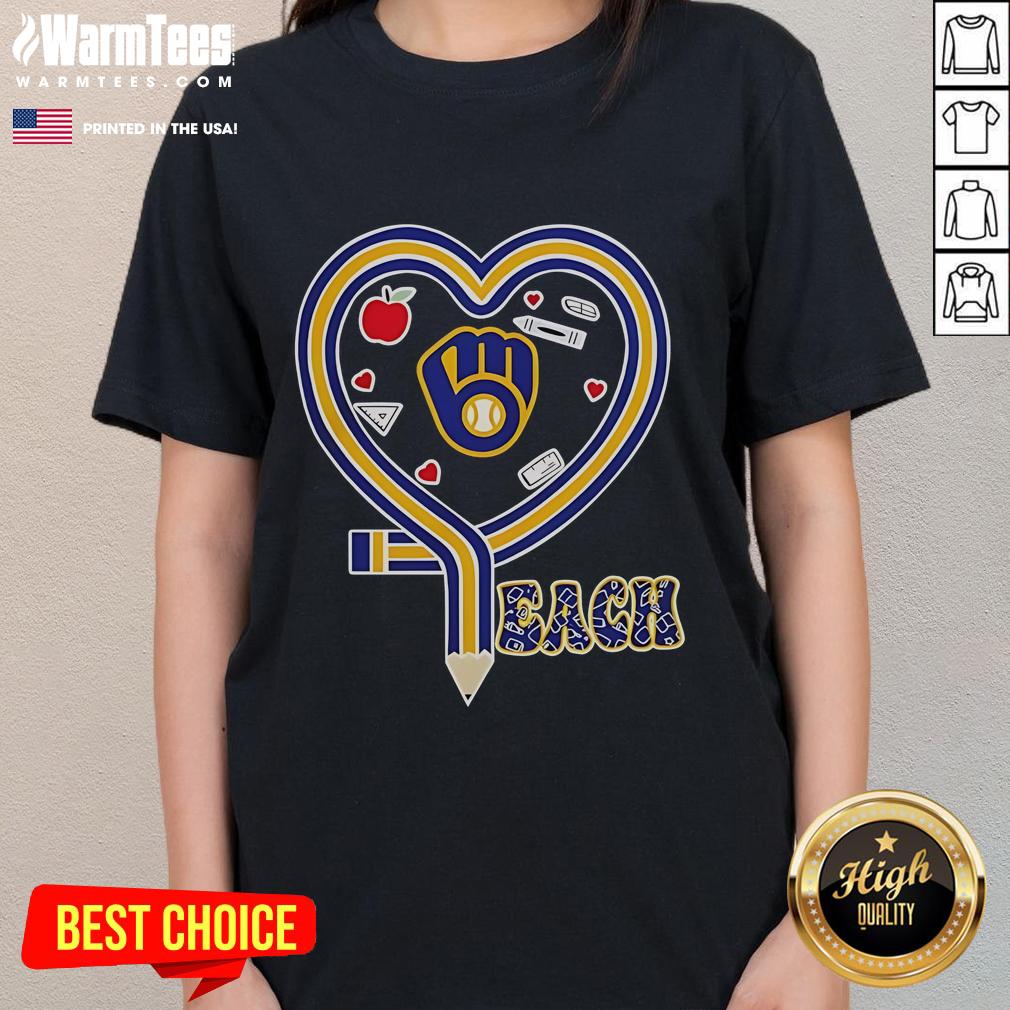 Nice Milwaukee Brewers baseball tee for ladies featuring a heart and pencil design, perfect for teachers and fans.