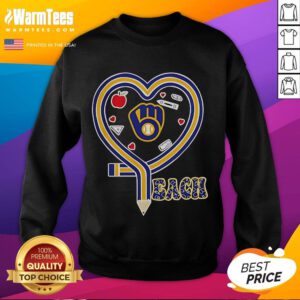 Cozy sweatshirt featuring a heart and pencil design, perfect for Milwaukee Brewers baseball fans and teaching lovers.