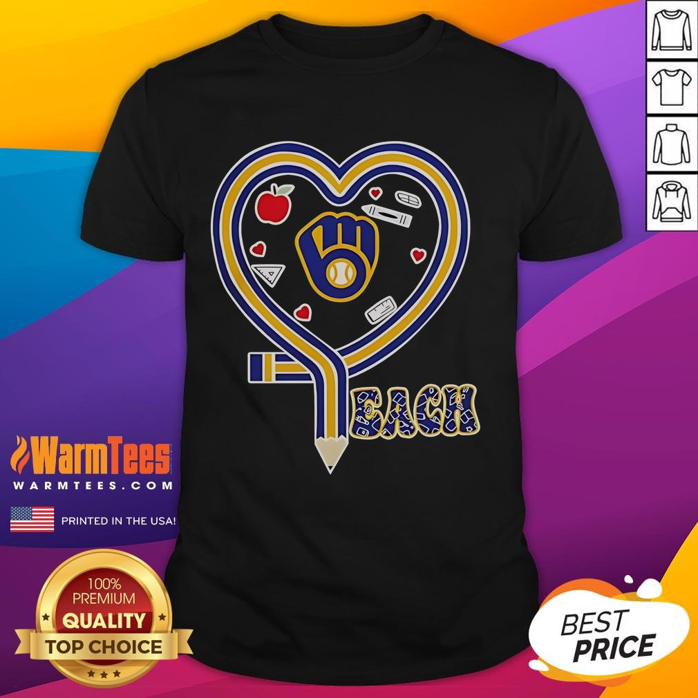 Milwaukee Brewers baseball-themed T-shirt featuring a heart and pencil design, perfect for teachers and fans.