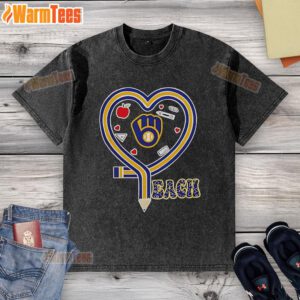Nice Milwaukee Brewers baseball-themed t-shirt with a heart and pencil design, perfect for fans and teachers.