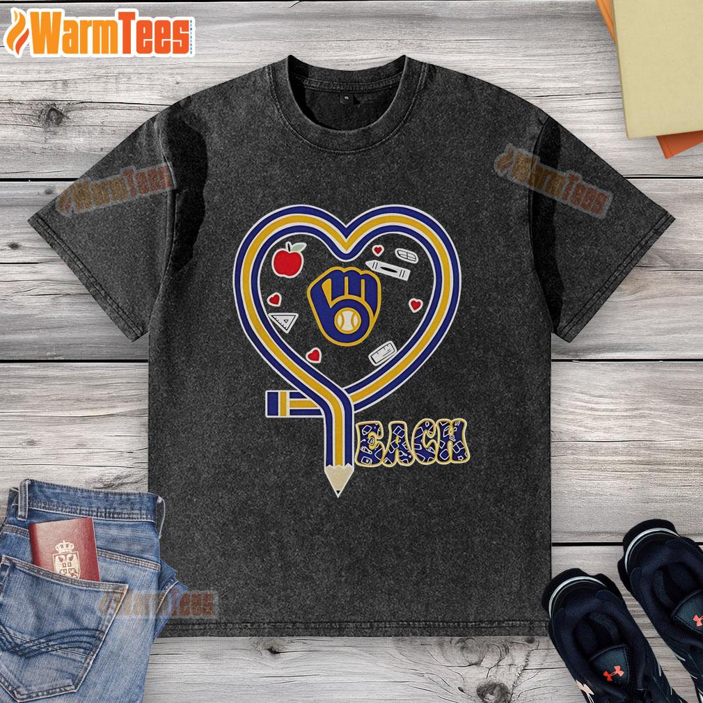 Nice Milwaukee Brewers baseball-themed t-shirt with a heart and pencil design, perfect for fans and teachers.