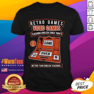 Retro video games T-shirt design featuring 'Teaching English Since 1980s' slogan, ideal for gaming and English enthusiasts.
