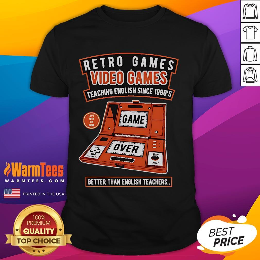 Retro video games T-shirt design featuring 'Teaching English Since 1980s' slogan, ideal for gaming and English enthusiasts.