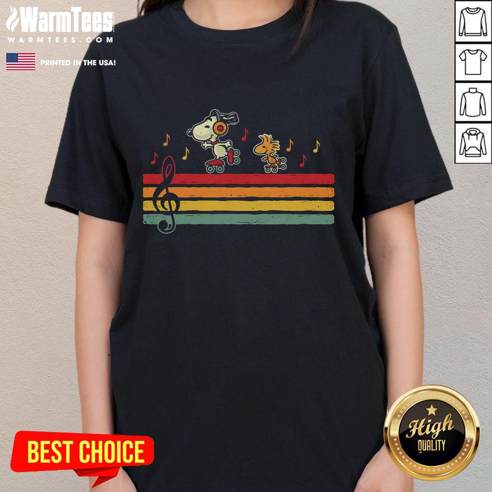 Nice Snoopy Woodstock Retro Beats Ladies Tee featuring vibrant graphics of Snoopy and Woodstock in a stylish design.