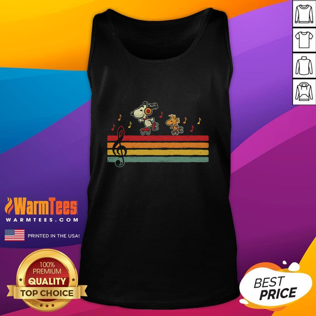Retro Snoopy and Woodstock graphic tank top featuring vibrant colors and playful design for casual wear.