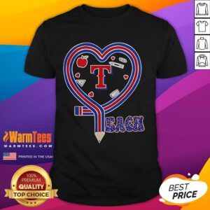 Texas Rangers baseball love teaching heart pencil t-shirt design featuring vibrant colors and a playful graphic.