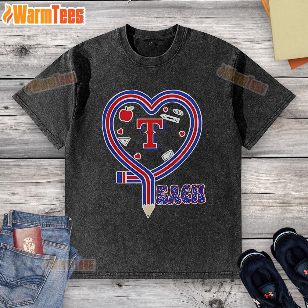 Alt Text: Nice Texas Rangers baseball love teaching heart pencil washed t-shirt showcasing vibrant team spirit and comfort.