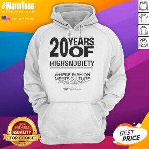 Alt Text: Official 20 Years of Highsnobiety hoodie showcasing fashion meets culture collaboration 2025 design in stylish setting.
