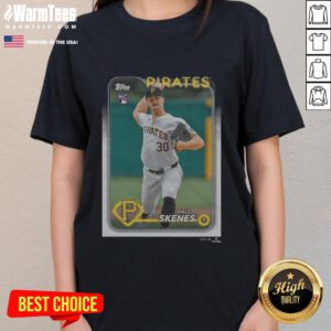Official 2024 Topps Baseball Paul Skenes Pirates Ladies Tee featuring vibrant graphics and comfortable fit.