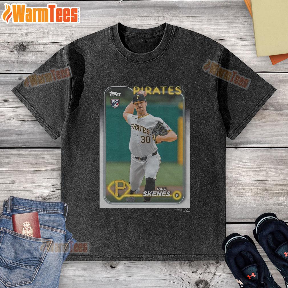 Alt Text: Official 2024 Topps Baseball Paul Skenes Pirates washed t-shirt featuring a stylish design for fans.