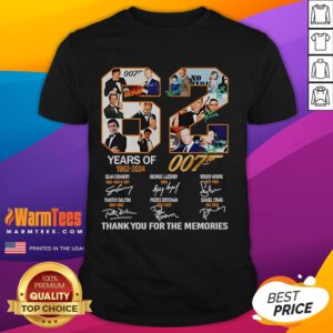 Official 62 Years Of 1962-2024 007 Signatures T-Shirt celebrating James Bond's legacy and thanking fans for the memories.