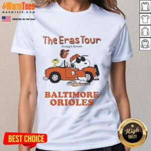 Alt Text: Official Baltimore Orioles The Eras Tour Snoopy Ladies Tee featuring vibrant graphics and comfortable fit for fans.