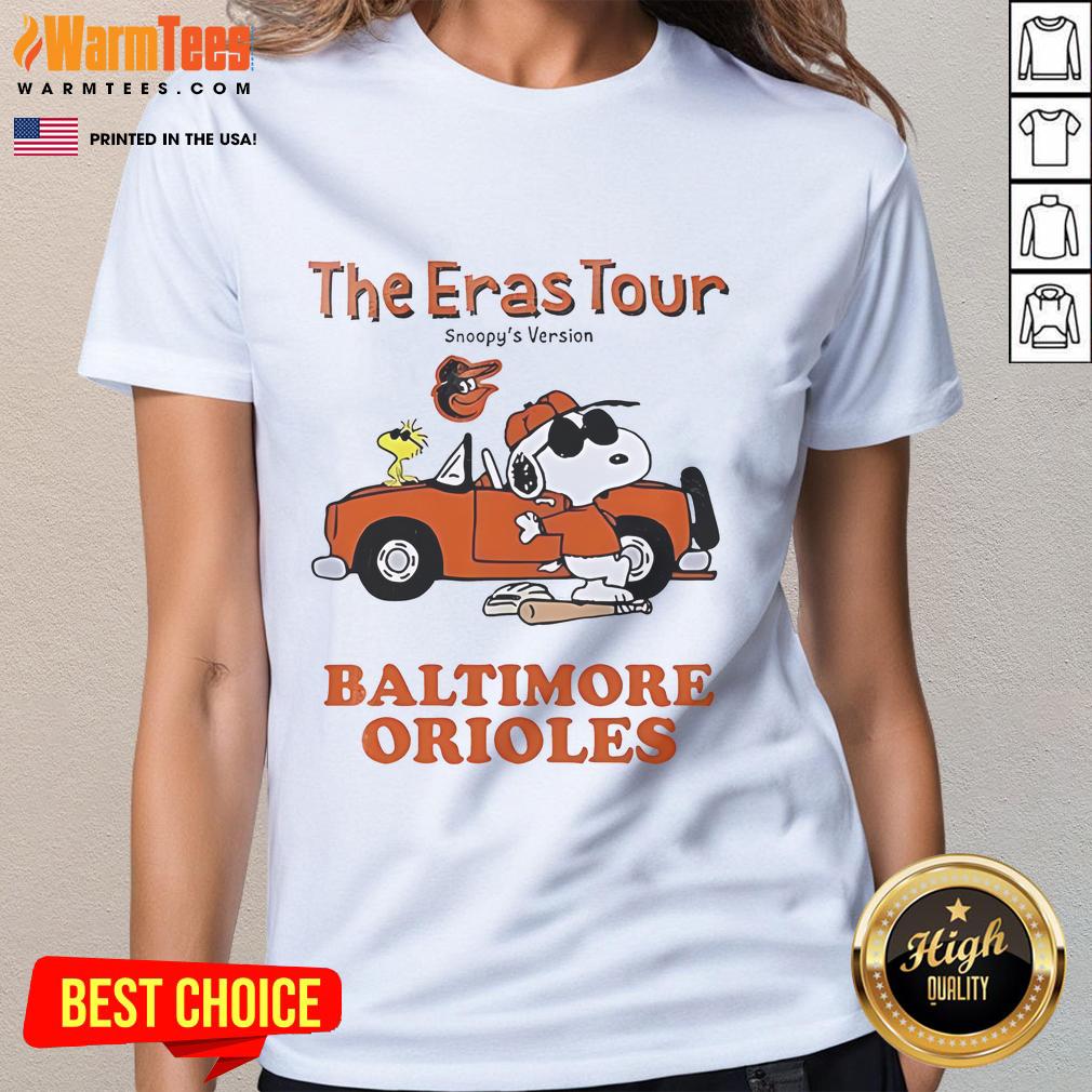 Alt Text: Official Baltimore Orioles The Eras Tour Snoopy Ladies Tee featuring vibrant graphics and comfortable fit for fans.